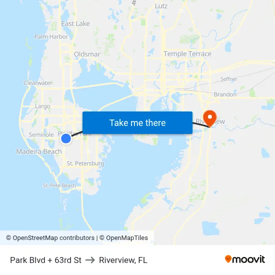 Park Blvd + 63rd St to Riverview, FL map