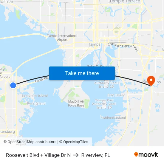 Roosevelt Blvd + Village Dr N to Riverview, FL map