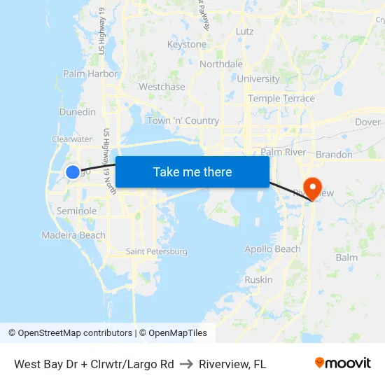 West Bay Dr + Clrwtr/Largo Rd to Riverview, FL map