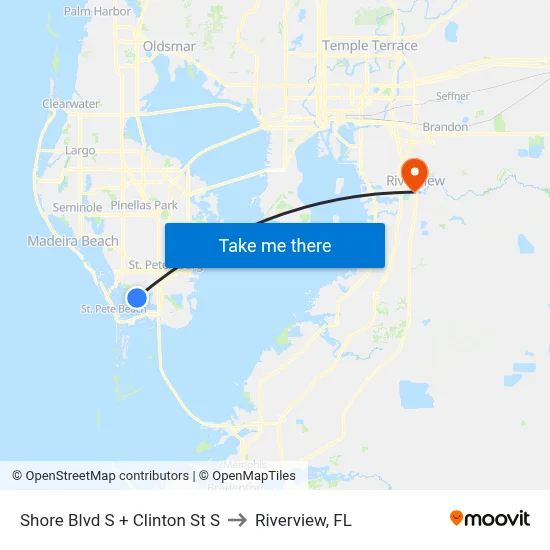 Shore Blvd S + Clinton St S to Riverview, FL map