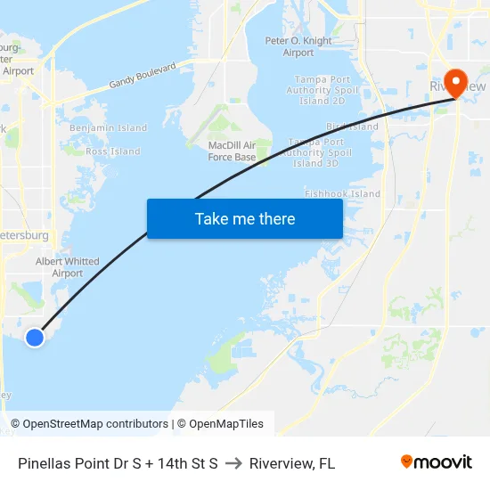 Pinellas Point Dr S + 14th St S to Riverview, FL map
