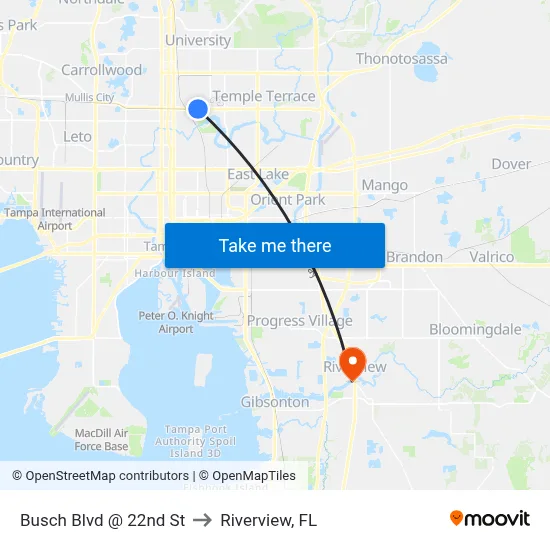 Busch Blvd @ 22nd St to Riverview, FL map