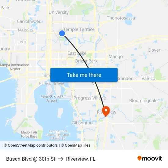 Busch Blvd @ 30th St to Riverview, FL map