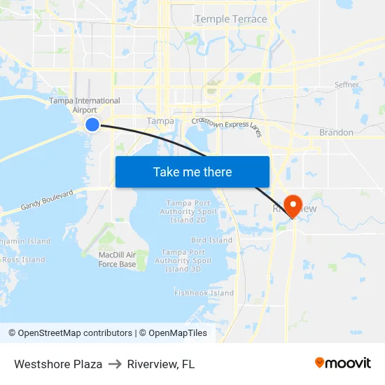 Westshore Plaza to Riverview, FL map