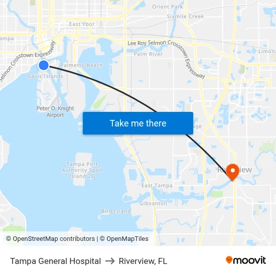 Tampa General Hospital to Riverview, FL map