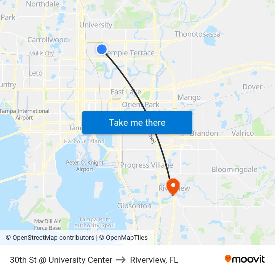 30th St @ University Center to Riverview, FL map