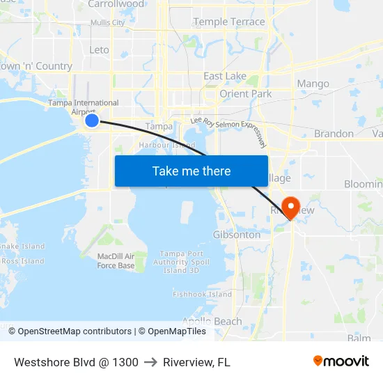 Westshore Blvd @ 1300 to Riverview, FL map