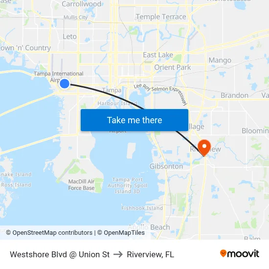 Westshore Blvd @ Union St to Riverview, FL map