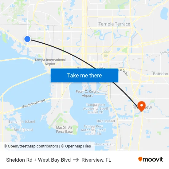 Sheldon Rd + West Bay Blvd to Riverview, FL map