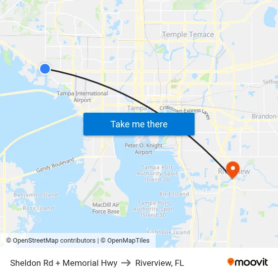 Sheldon Rd + Memorial Hwy to Riverview, FL map