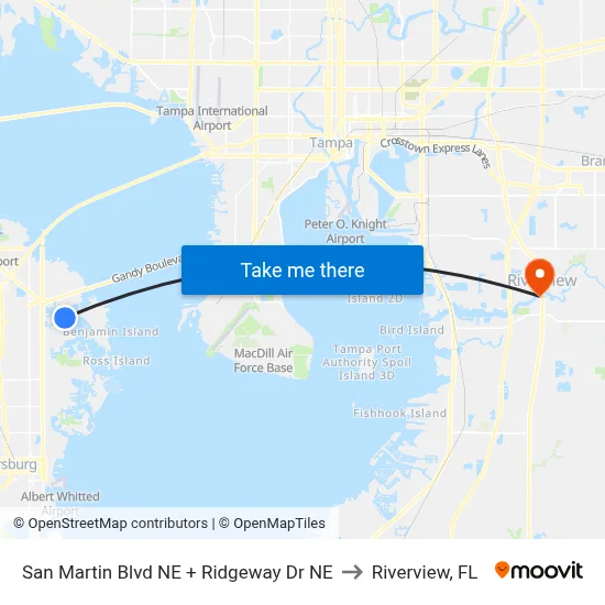 San Martin Blvd NE + Ridgeway Dr NE to Riverview, FL map