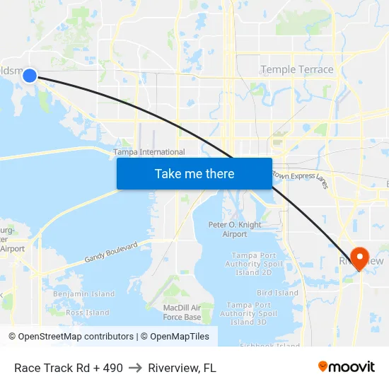 Race Track Rd + 490 to Riverview, FL map