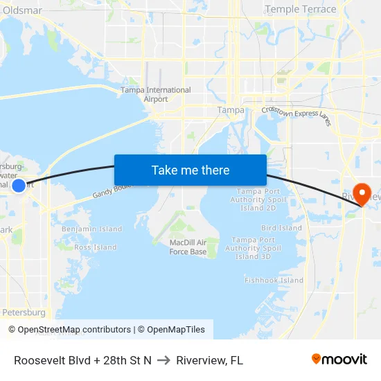 Roosevelt Blvd + 28th St N to Riverview, FL map