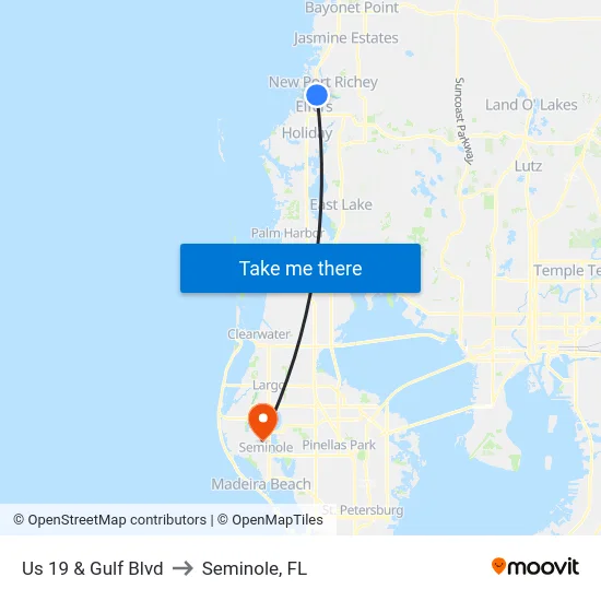 Us 19 & Gulf Blvd to Seminole, FL map
