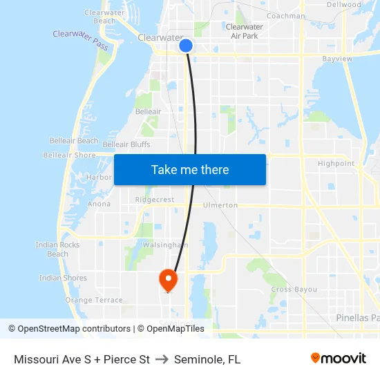 Missouri Ave S + Pierce St to Seminole, FL map