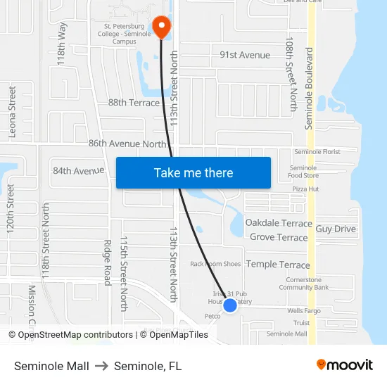 Seminole Mall to Seminole, FL map
