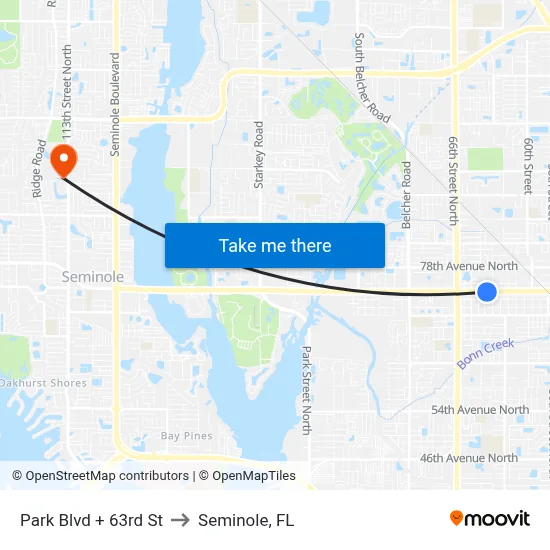 Park Blvd + 63rd St to Seminole, FL map