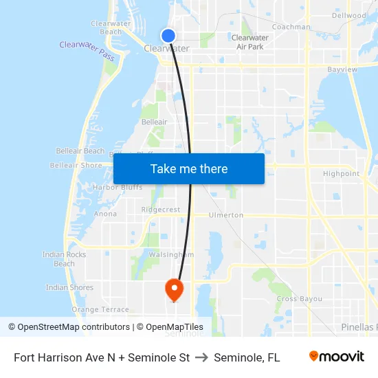 Fort Harrison Ave N + Seminole St to Seminole, FL map