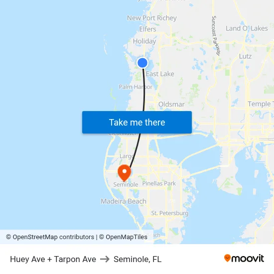 Huey Ave + Tarpon Ave to Seminole, FL map