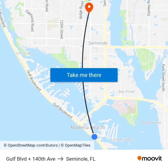 Gulf Blvd + 140th Ave to Seminole, FL map