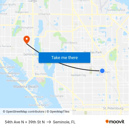 54th Ave N + 39th St N to Seminole, FL map