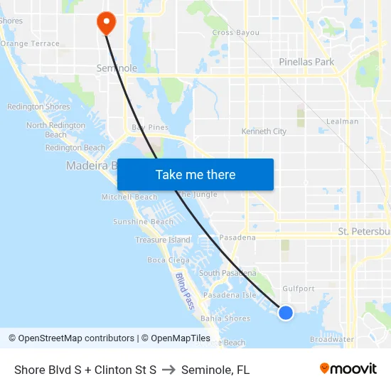 Shore Blvd S + Clinton St S to Seminole, FL map