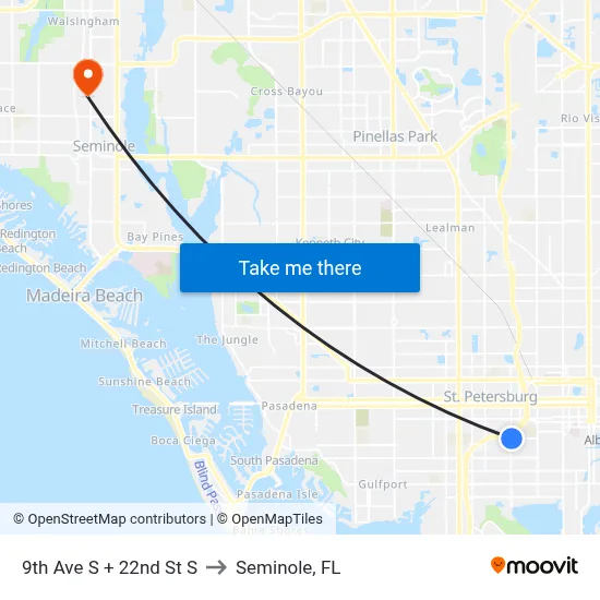 9th Ave S + 22nd St S to Seminole, FL map
