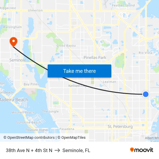 38th Ave N + 4th St N to Seminole, FL map