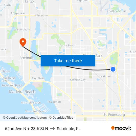62nd Ave N + 28th St N to Seminole, FL map