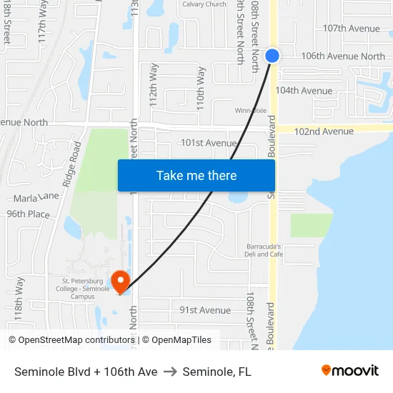 Seminole Blvd + 106th Ave to Seminole, FL map