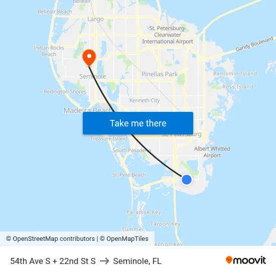 54th Ave S + 22nd St S to Seminole, FL map