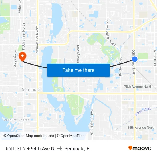 66th St N + 94th Ave N to Seminole, FL map
