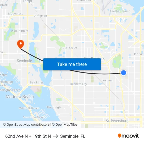 62nd Ave N + 19th St N to Seminole, FL map