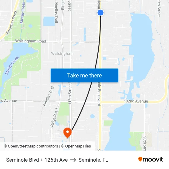 Seminole Blvd + 126th Ave to Seminole, FL map