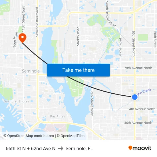 66th St N + 62nd Ave N to Seminole, FL map