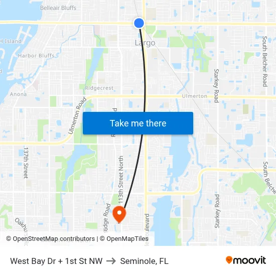 West Bay Dr + 1st St NW to Seminole, FL map