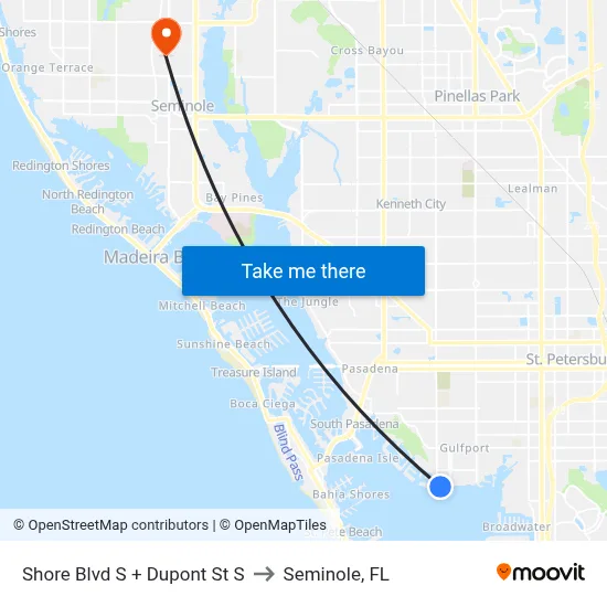 Shore Blvd S + Dupont St S to Seminole, FL map