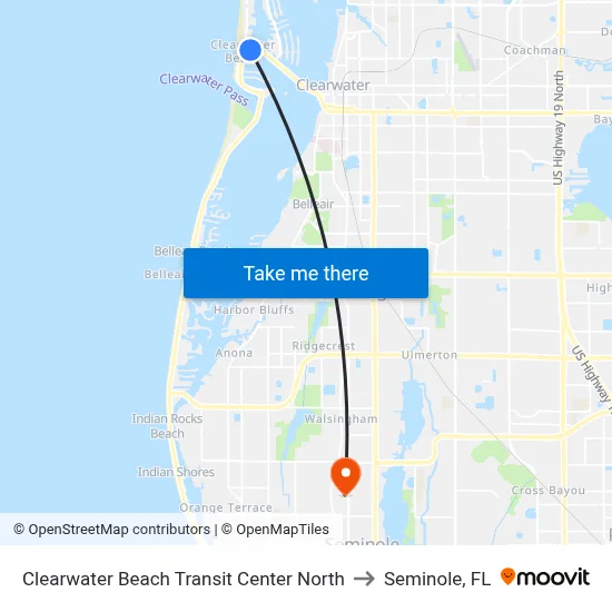 Clearwater Beach Transit Center North to Seminole, FL map