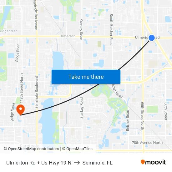 Ulmerton Rd + Us Hwy 19 N to Seminole, FL map