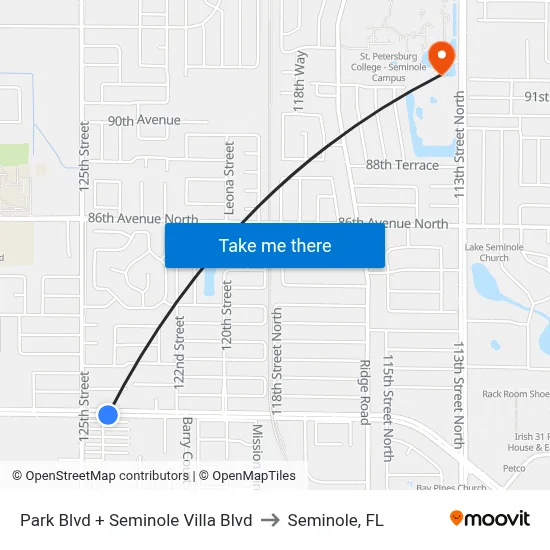 Park Blvd + Seminole Villa Blvd to Seminole, FL map