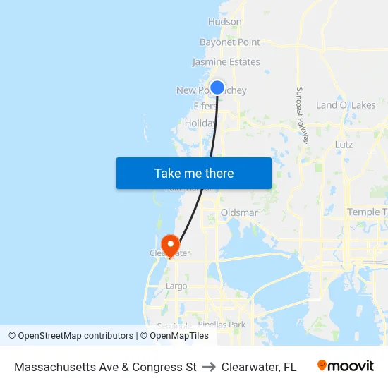 Massachusetts Ave & Congress St to Clearwater, FL map