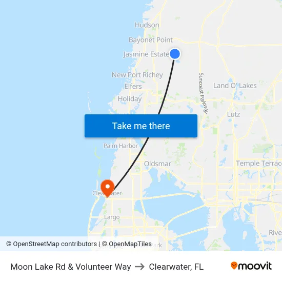 Moon Lake Rd & Volunteer Way to Clearwater, FL map