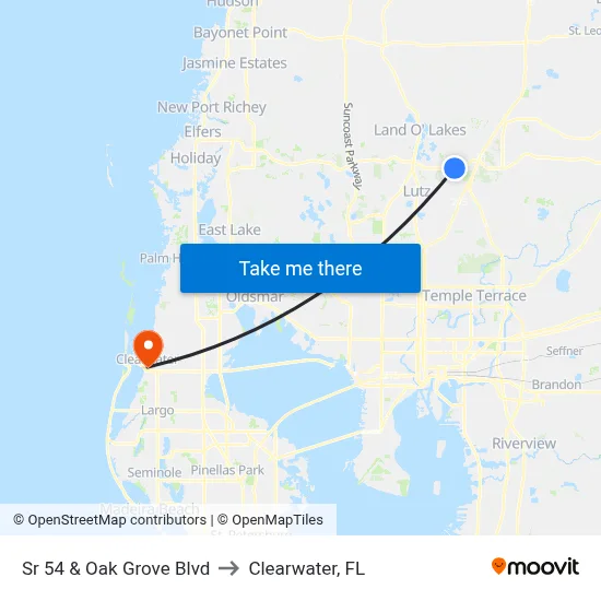 Sr 54 & Oak Grove Blvd to Clearwater, FL map