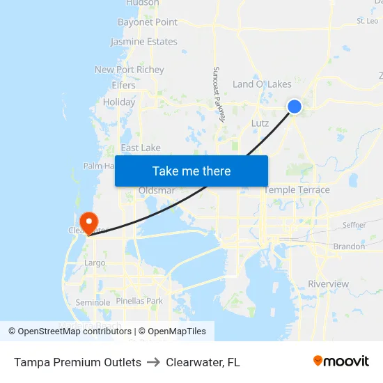Tampa Premium Outlets to Clearwater, FL map