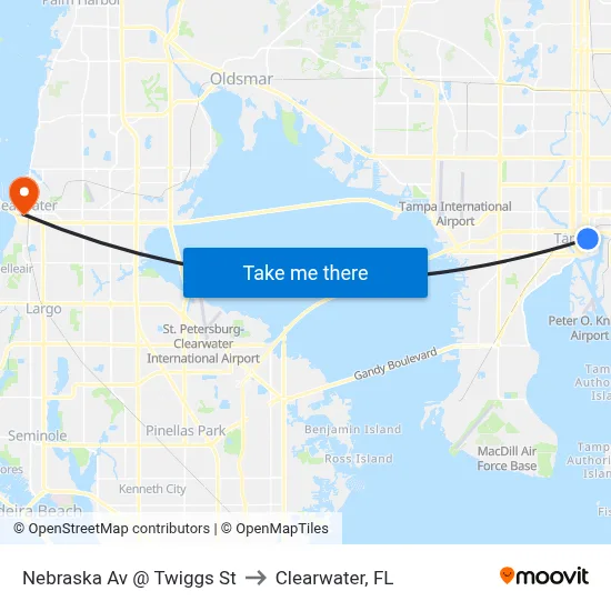 Nebraska Av @ Twiggs St to Clearwater, FL map