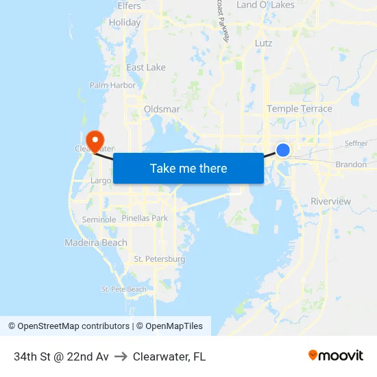 34th St @ 22nd Av to Clearwater, FL map