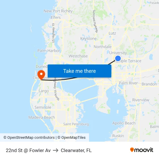 22nd St @ Fowler Av to Clearwater, FL map