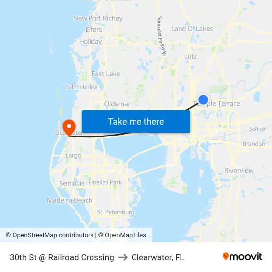30th St @ Railroad Crossing to Clearwater, FL map