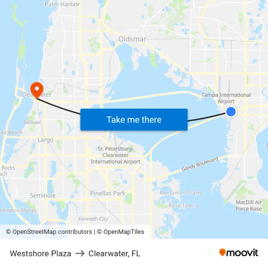 Westshore Plaza to Clearwater, FL map