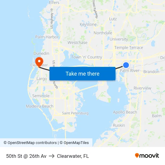 50th St @ 26th Av to Clearwater, FL map